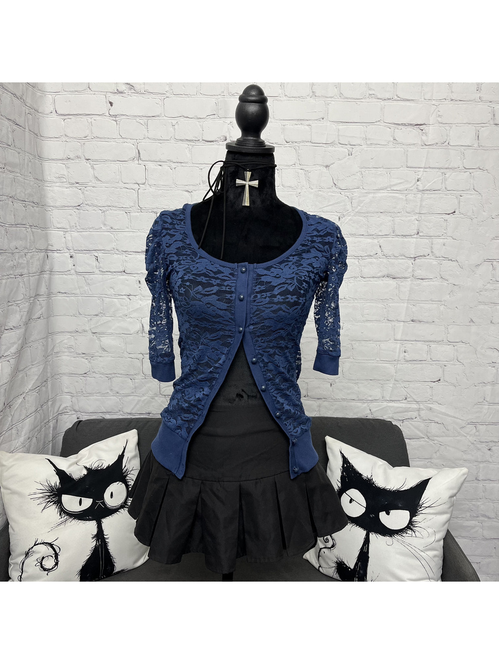 Y2K Razzle Dazzle Sz M Blue Flroal Lace Quarter Sleeve Cardigan WhimsyGoth Fairy